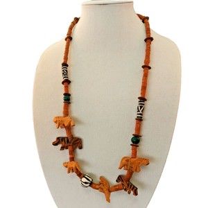 Vintage African Safari Animal Necklace Hand Carved Wooden Stone Ceramic Bead 31"